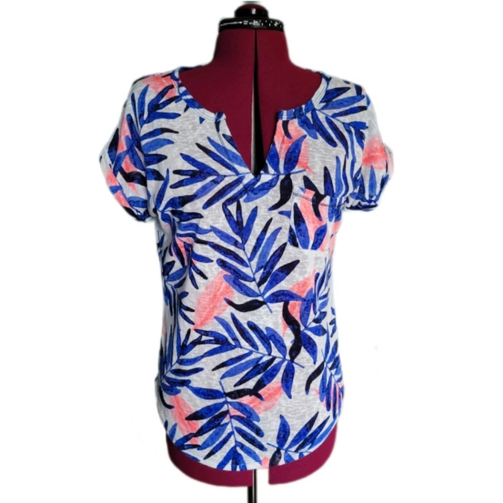 Kate & Sam White Blue Pink Tropical Print Top sz M